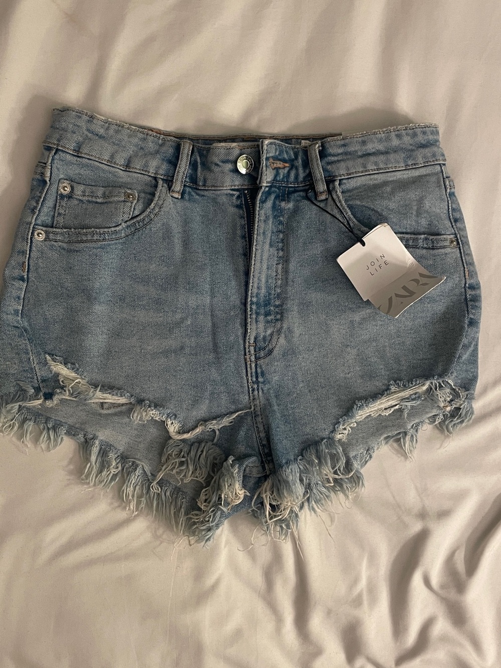 Zara Washed Light Blue Distressed Denim Shorts - Women